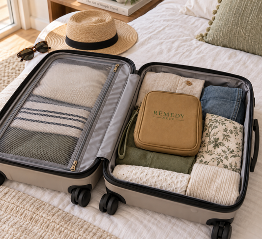 Brown homeopathy travel keep kit, laying inside a carry on size suitcase.